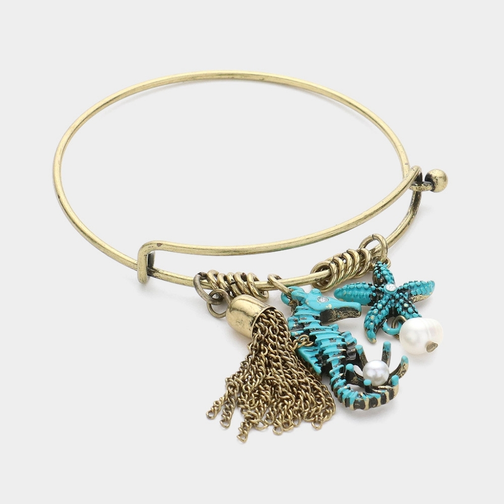 Burnished Gold Turquoise Tassel Starfish SeaHorse Hook Charm Bracelet Bangle